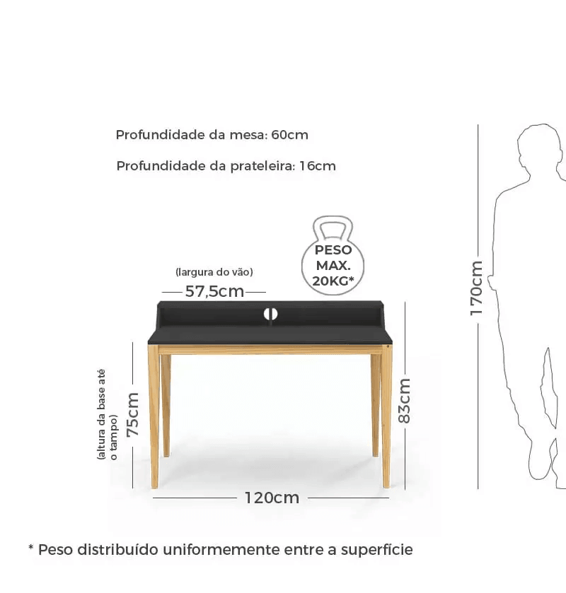 Escrivaninha Pine 120cm - Preta - Veromobili | Móveis e Decoração